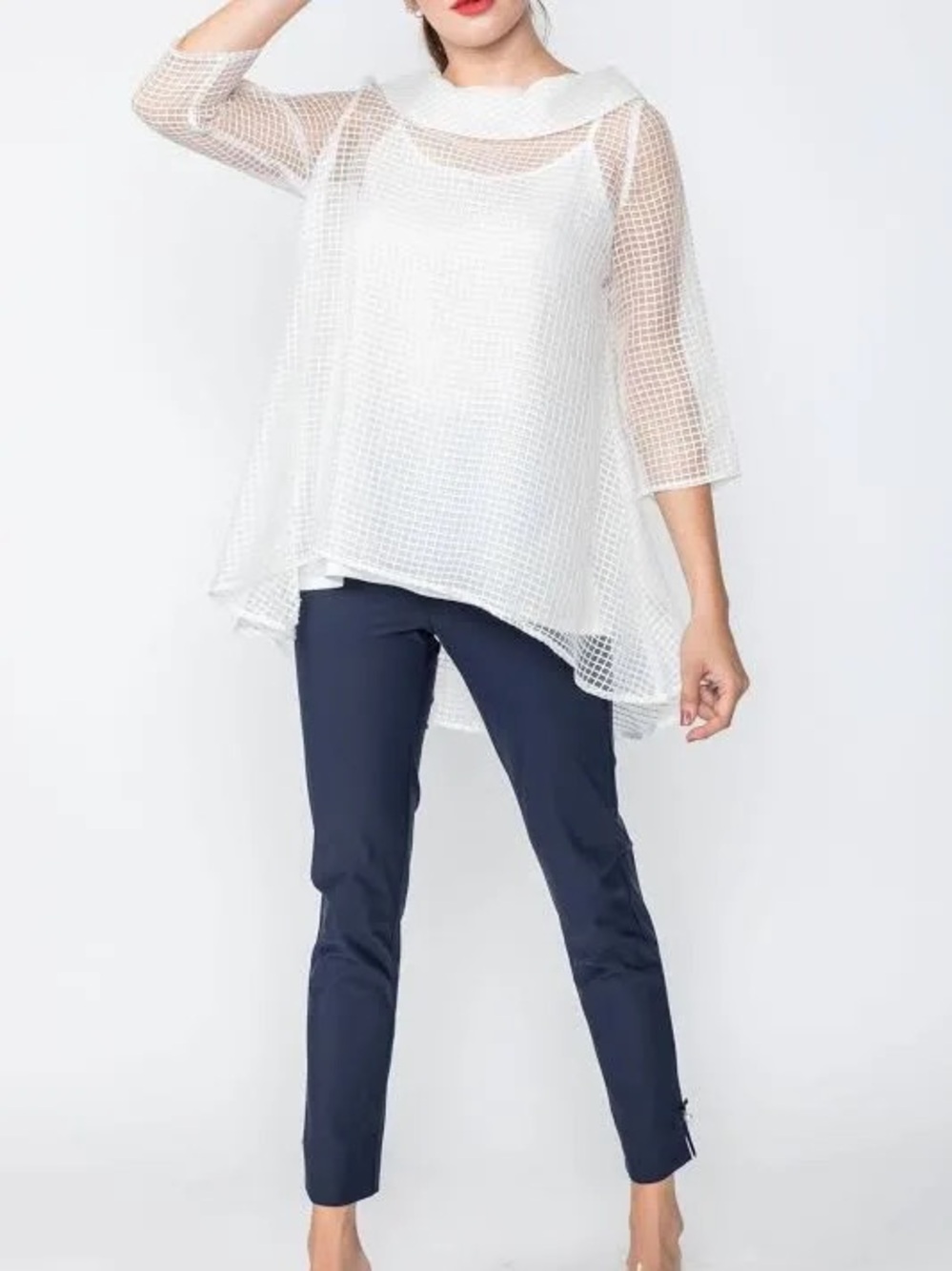 NWT IC Collection White Grid Mesh Cowl Neck 3/4 Sleeve Top Tunic